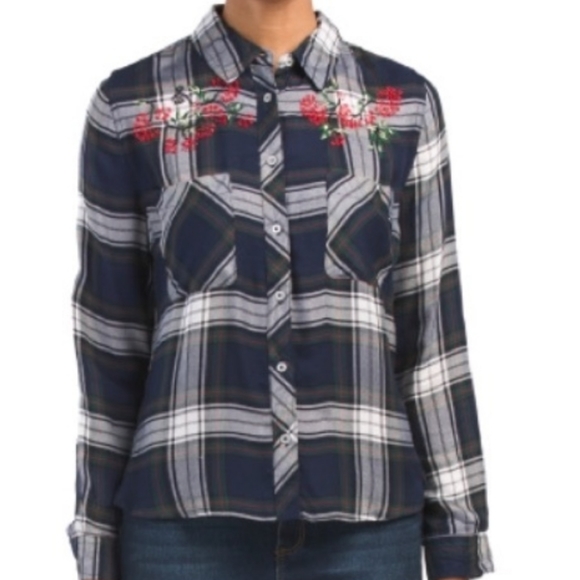 Nanette Lepore Tops - Nanette Lepore Navy Blue beaded plaid top